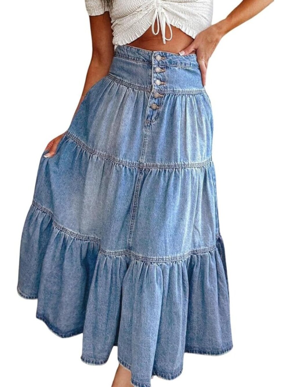 High Waist Denim Maxi Skirt - Boho Flowy Pleated Tiered Ruffle A-Line Jean Skirt